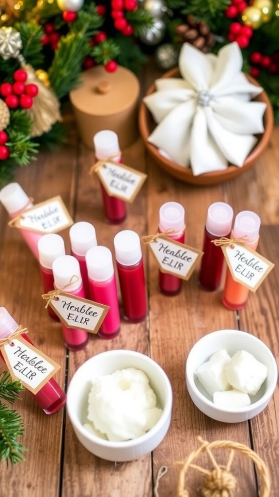Homemade lip gloss containers in festive colors on a decorated table.